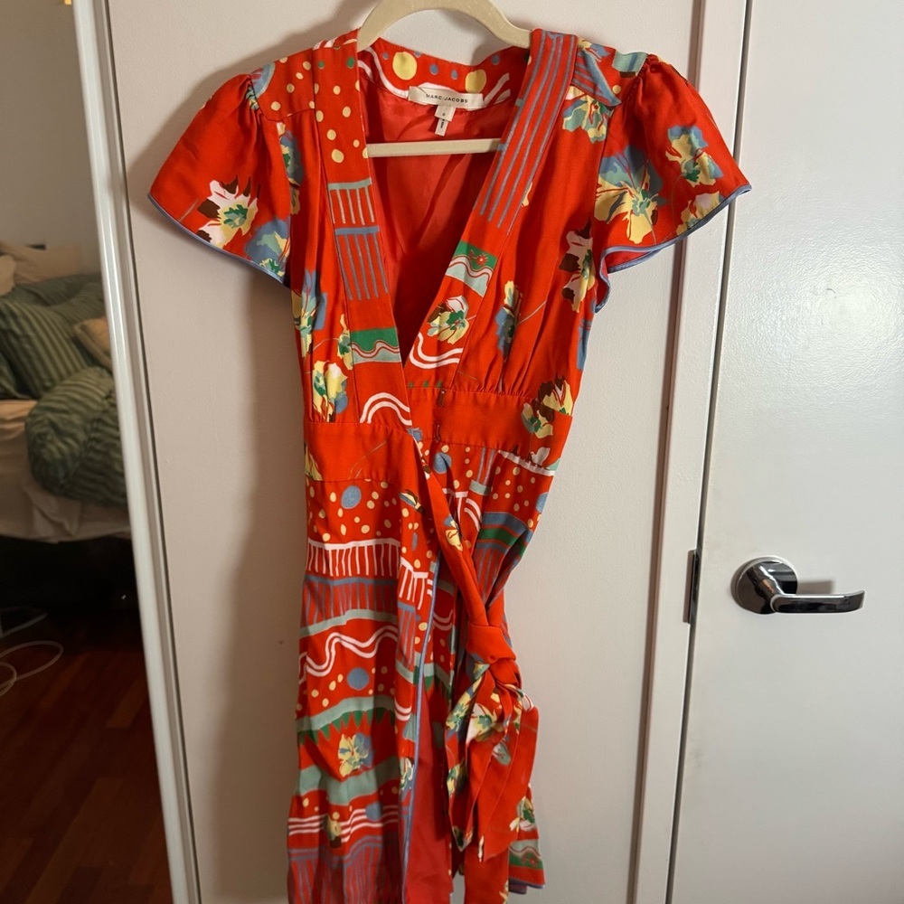 Marc Jacobs Silk Lined Red Print Wrap Midi Dress - Picture 2 of 5